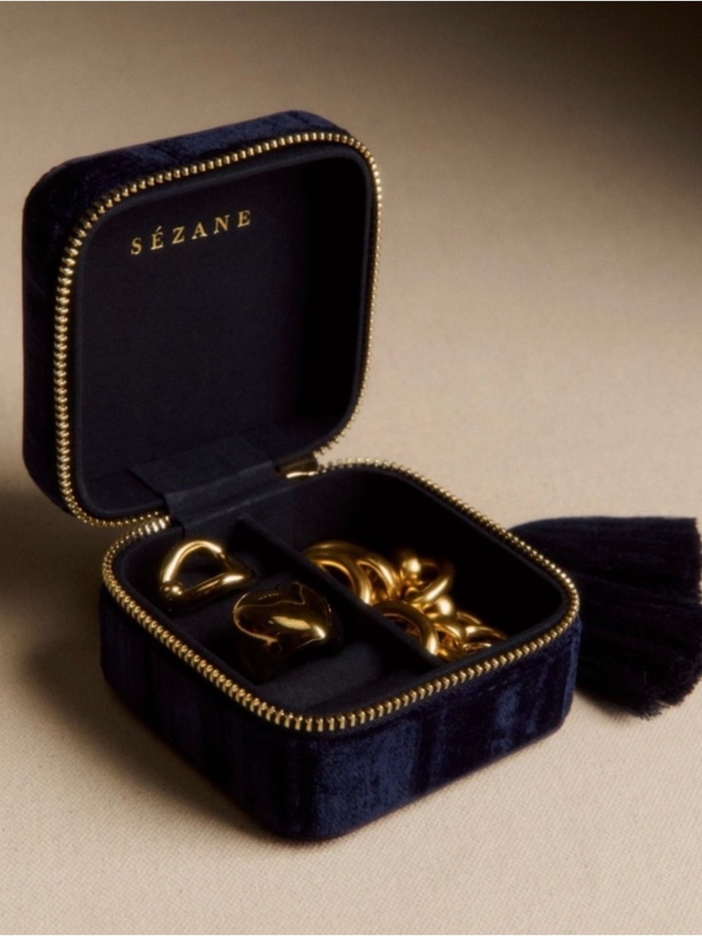 Sézane Navy Velvet Jewelry Case with Gold Zipper and Tassel